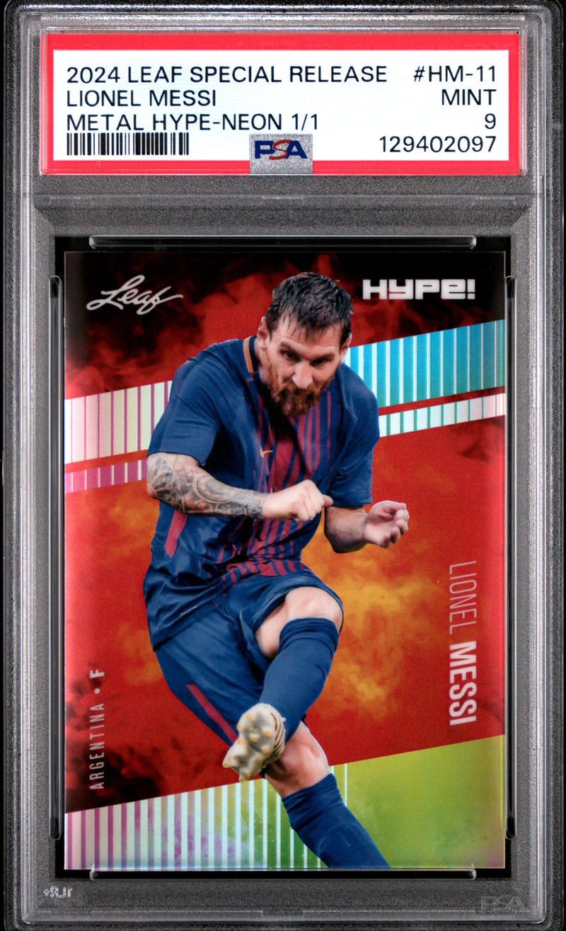 PSA 9 Lionel Messi 2024 Leaf HYPE! Metal #HM-11 Neon 1/1 Rare Trading Card Barcelona