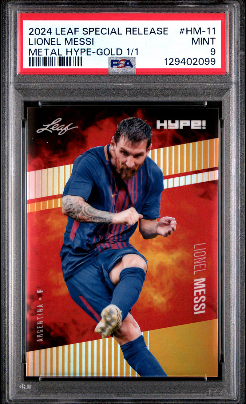 PSA 9 Lionel Messi 2024 Leaf HYPE! Metal #HM-11 Gold 1/1 Rare Trading Card Barcelona