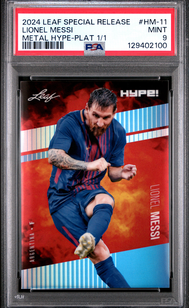 PSA 9 Lionel Messi 2024 Leaf HYPE! Metal #HM-11 Platinum 1/1 Rare Trading Card Barcelona
