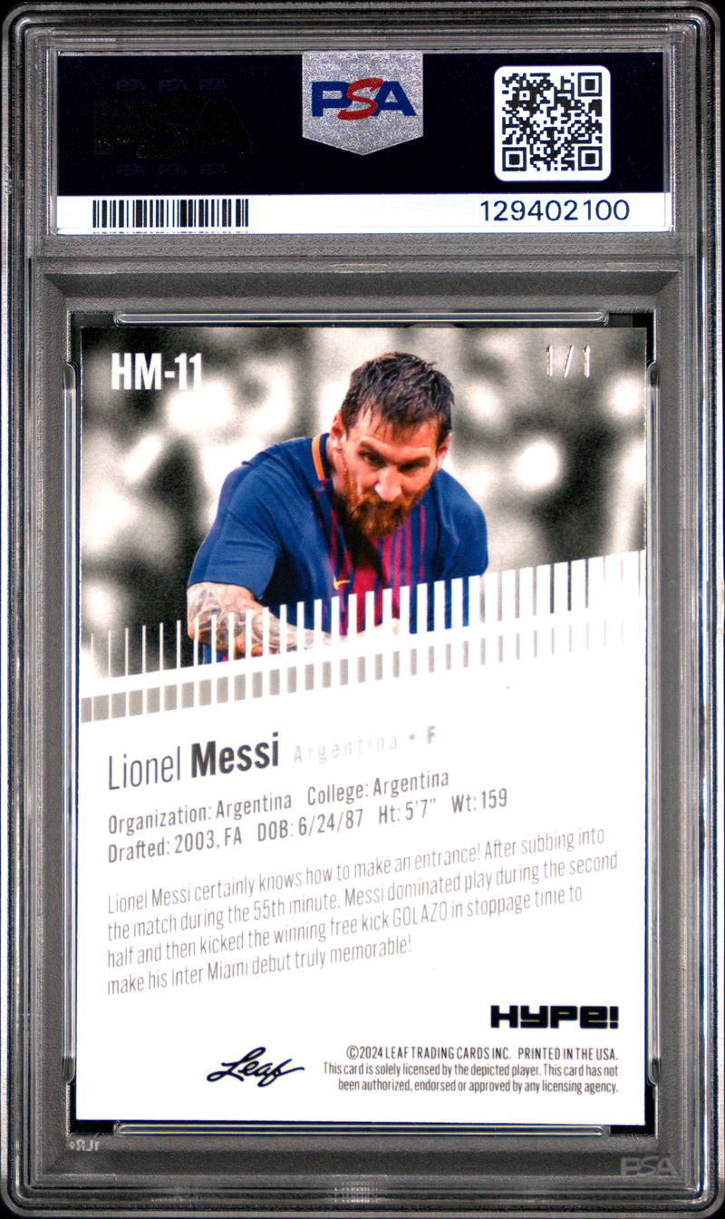 PSA 9 Lionel Messi 2024 Leaf HYPE! Metal #HM-11 Platinum 1/1 Rare Trading Card Barcelona