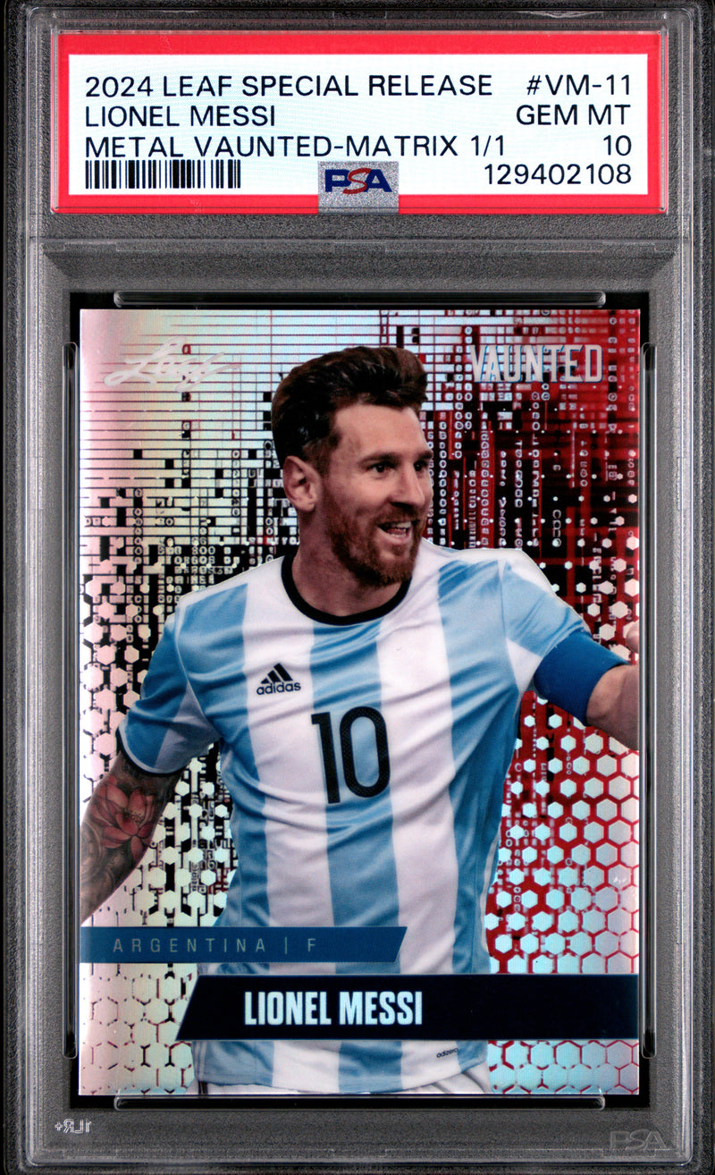 PSA 10 Lionel Messi 2024 Leaf Vaunted Metal #VM-11 Matrix 1/1 Rare Trading Card Argentina