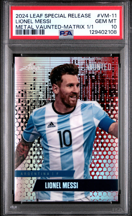 PSA 10 Lionel Messi 2024 Leaf Vaunted Metal #VM-11 Matrix 1/1 Rare Trading Card