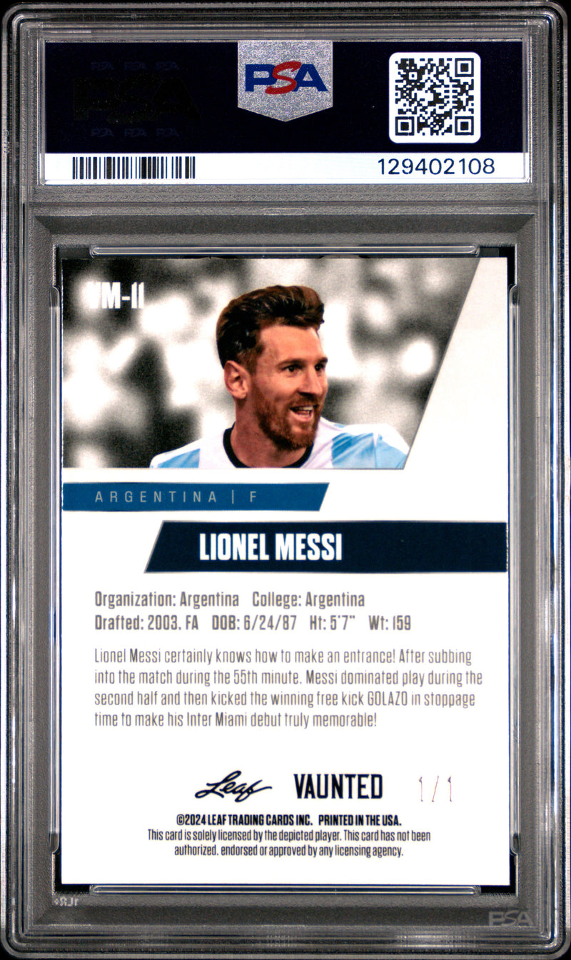 PSA 10 Lionel Messi 2024 Leaf Vaunted Metal #VM-11 Matrix 1/1 Rare Trading Card Argentina