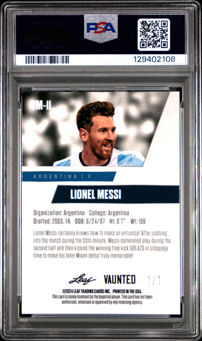 PSA 10 Lionel Messi 2024 Leaf Vaunted Metal #VM-11 Matrix 1/1 Rare Trading Card