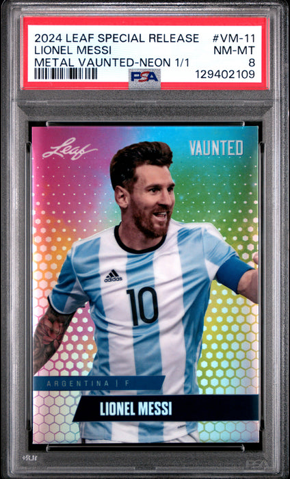 PSA 8 Lionel Messi 2024 Leaf Vaunted Metal #VM-11 Neon 1/1 Rare Trading Card