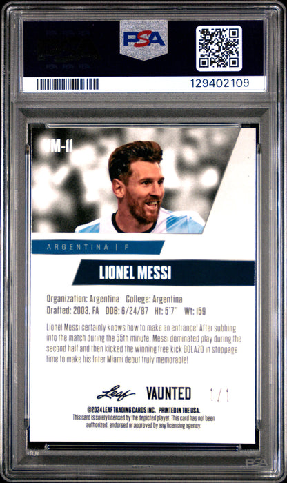 PSA 8 Lionel Messi 2024 Leaf Vaunted Metal #VM-11 Neon 1/1 Rare Trading Card