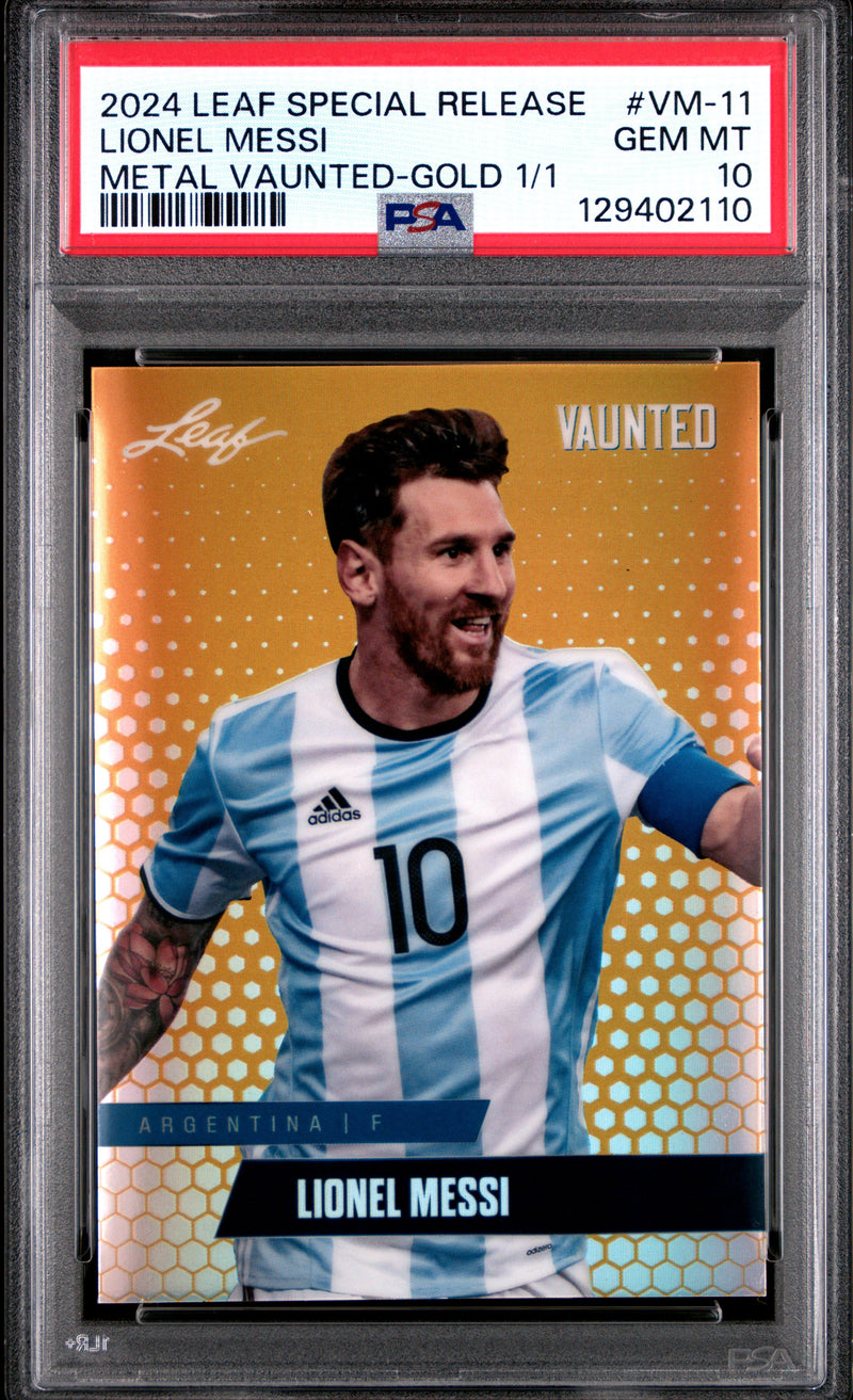 PSA 10 Lionel Messi 2024 Leaf Vaunted Metal #VM-11 Gold 1/1 Rare Trading Card Argentina