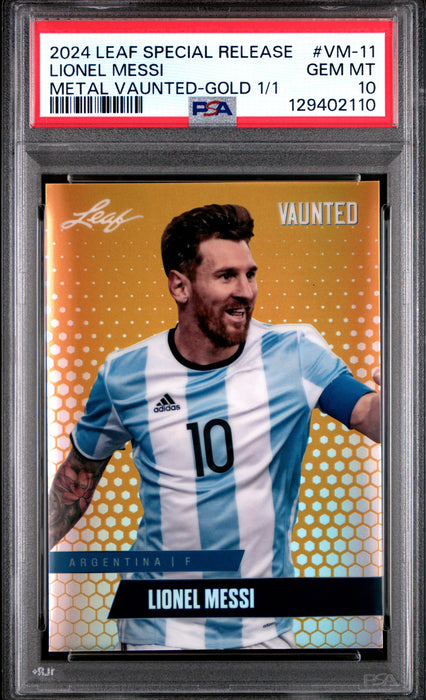PSA 10 Lionel Messi 2024 Leaf Vaunted Metal #VM-11 Gold 1/1 Rare Trading Card