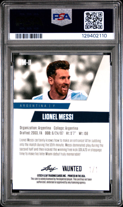 PSA 10 Lionel Messi 2024 Leaf Vaunted Metal #VM-11 Gold 1/1 Rare Trading Card