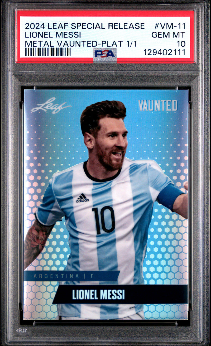 PSA 10 Lionel Messi 2024 Leaf Vaunted Metal #VM-11 Platinum 1/1 Rare Trading Card Argentina