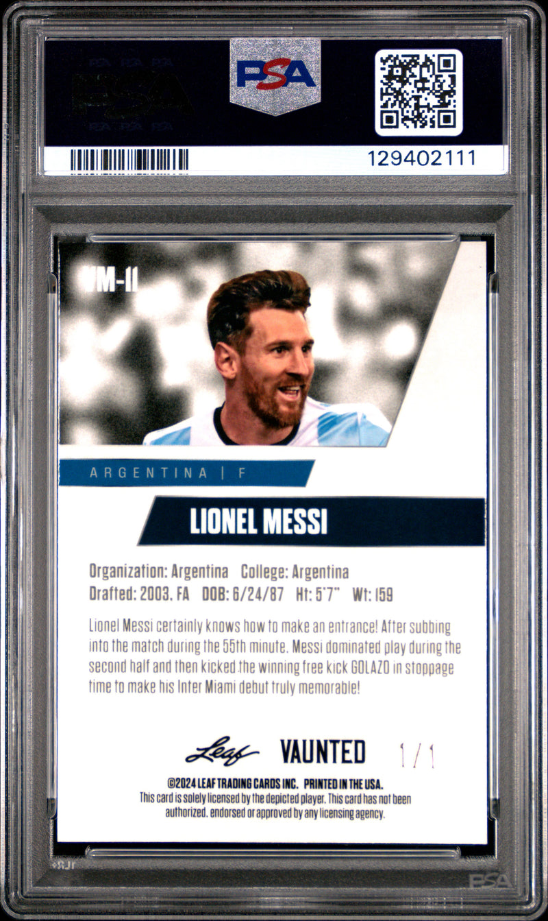PSA 10 Lionel Messi 2024 Leaf Vaunted Metal #VM-11 Platinum 1/1 Rare Trading Card Argentina