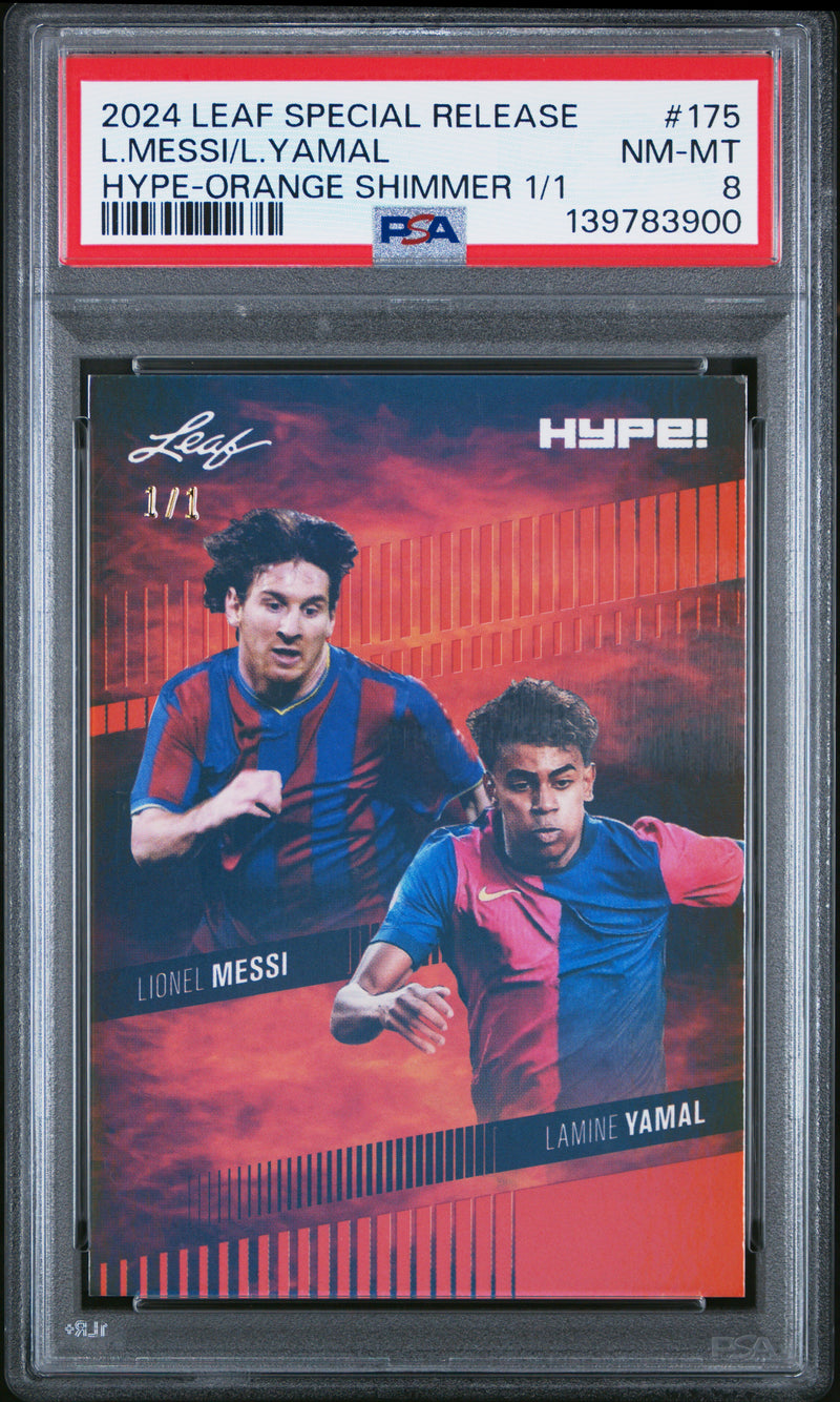 PSA 8 Lionel Messi / Lamine Yamal 2024 Leaf HYPE! #175 Orange Shimmer 1/1 Rookie Trading Card Barcelona