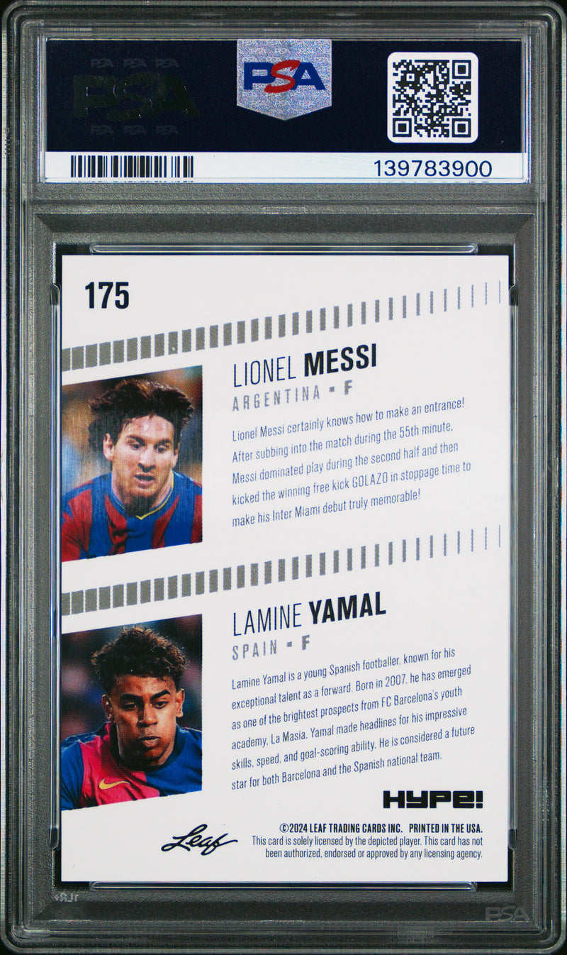 PSA 8 Lionel Messi / Lamine Yamal 2024 Leaf HYPE! #175 Orange Shimmer 1/1 Rookie Trading Card Barcelona