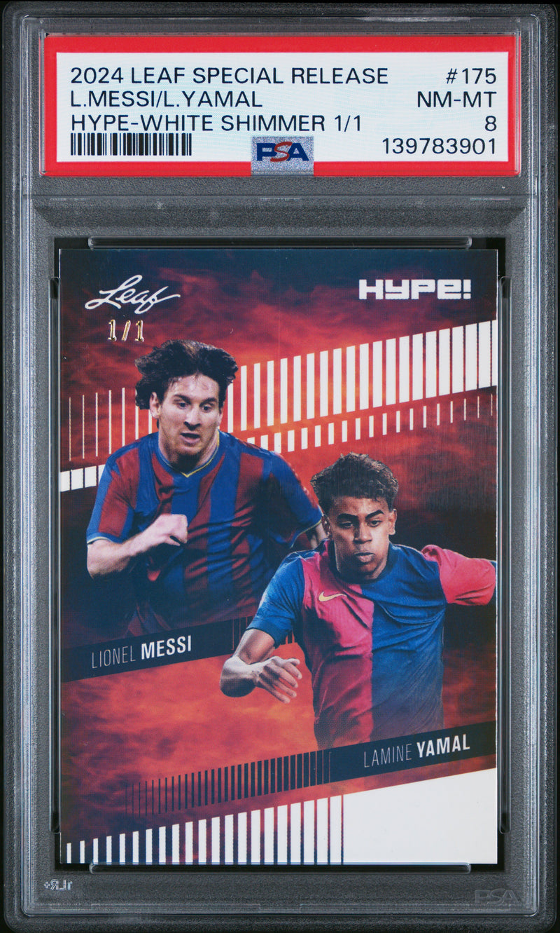 PSA 8 Lionel Messi / Lamine Yamal 2024 Leaf HYPE! #175 White Shimmer 1/1 Rookie Trading Card Barcelona