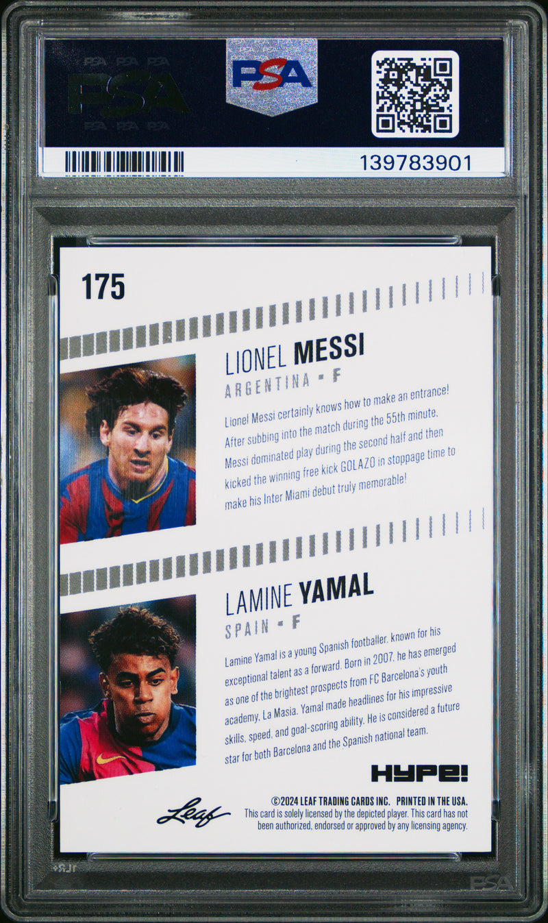 PSA 8 Lionel Messi / Lamine Yamal 2024 Leaf HYPE! #175 White Shimmer 1/1 Rookie Trading Card Barcelona