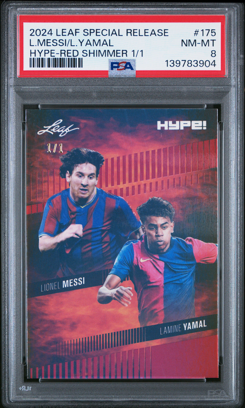 PSA 8 Lionel Messi / Lamine Yamal 2024 Leaf HYPE! #175 Red Shimmer 1/1 Rookie Trading Card Barcelona