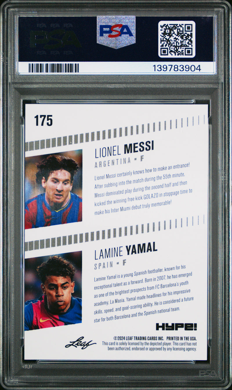 PSA 8 Lionel Messi / Lamine Yamal 2024 Leaf HYPE! #175 Red Shimmer 1/1 Rookie Trading Card Barcelona