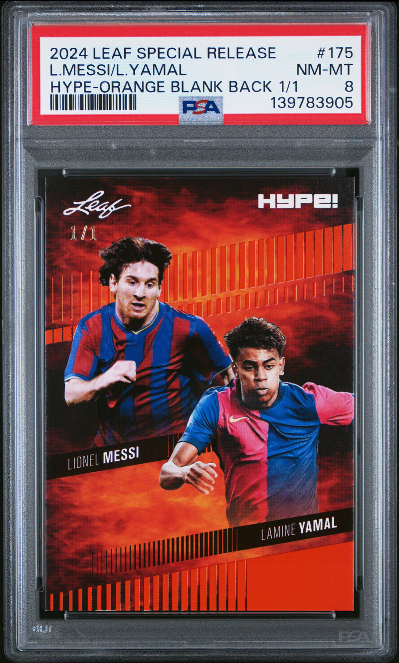 PSA 8 Lionel Messi / Lamine Yamal 2024 Leaf HYPE! #175 Orange Blank Back 1/1 Rookie Trading Card Barcelona