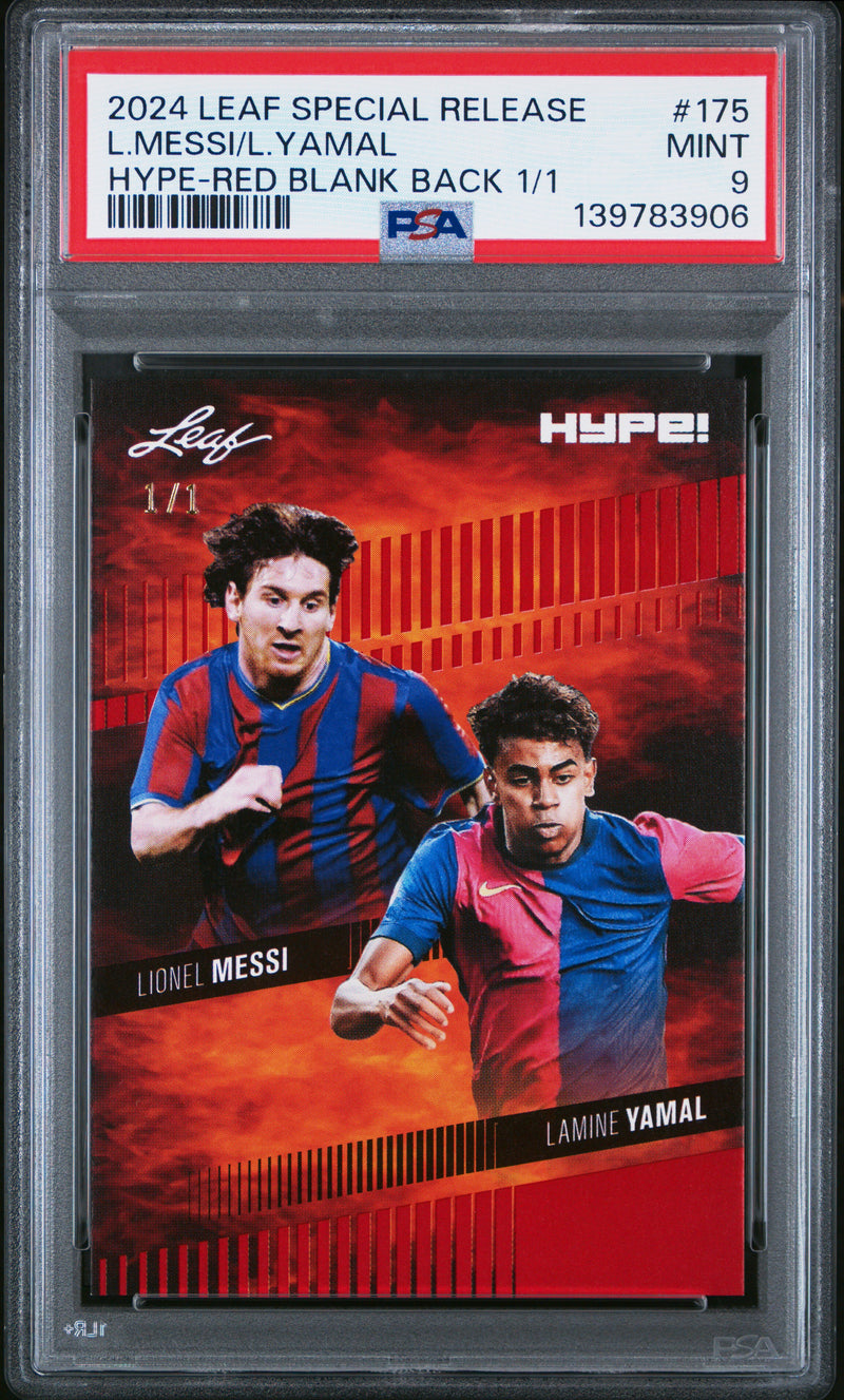 PSA 9 Lionel Messi / Lamine Yamal 2024 Leaf HYPE! #175 Red Blank Back 1/1 Rookie Trading Card Barcelona