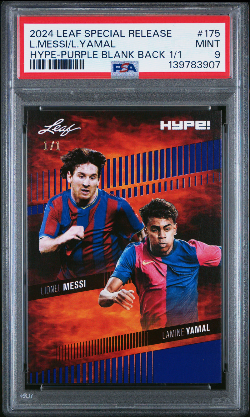 PSA 9 Lionel Messi / Lamine Yamal 2024 Leaf HYPE! #175 Purple Blank Back 1/1 Rookie Trading Card Barcelona