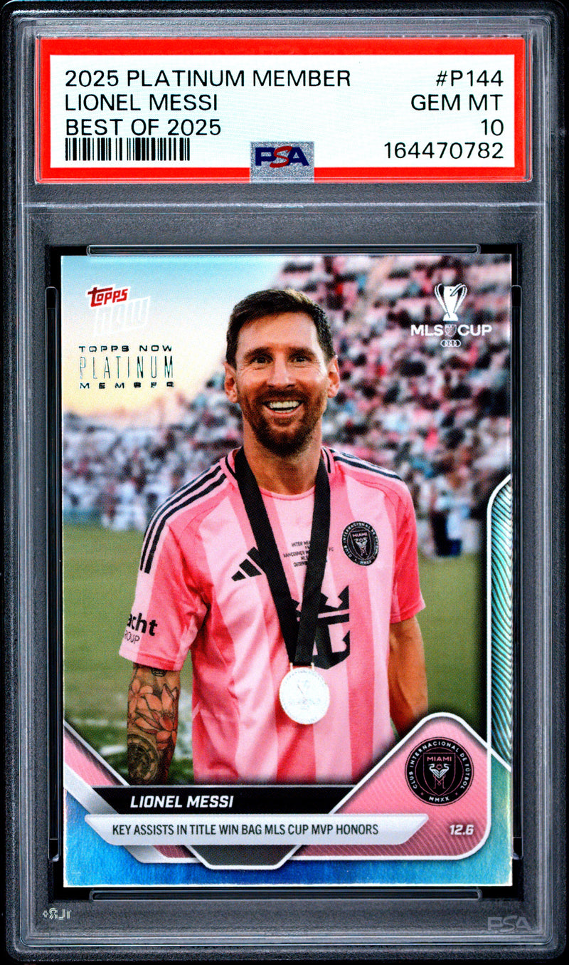 Lionel Messi Trading Card 2025 Topps Now #P144 Platinum Member Best Of, PSA 10, Inter Miami Soccer