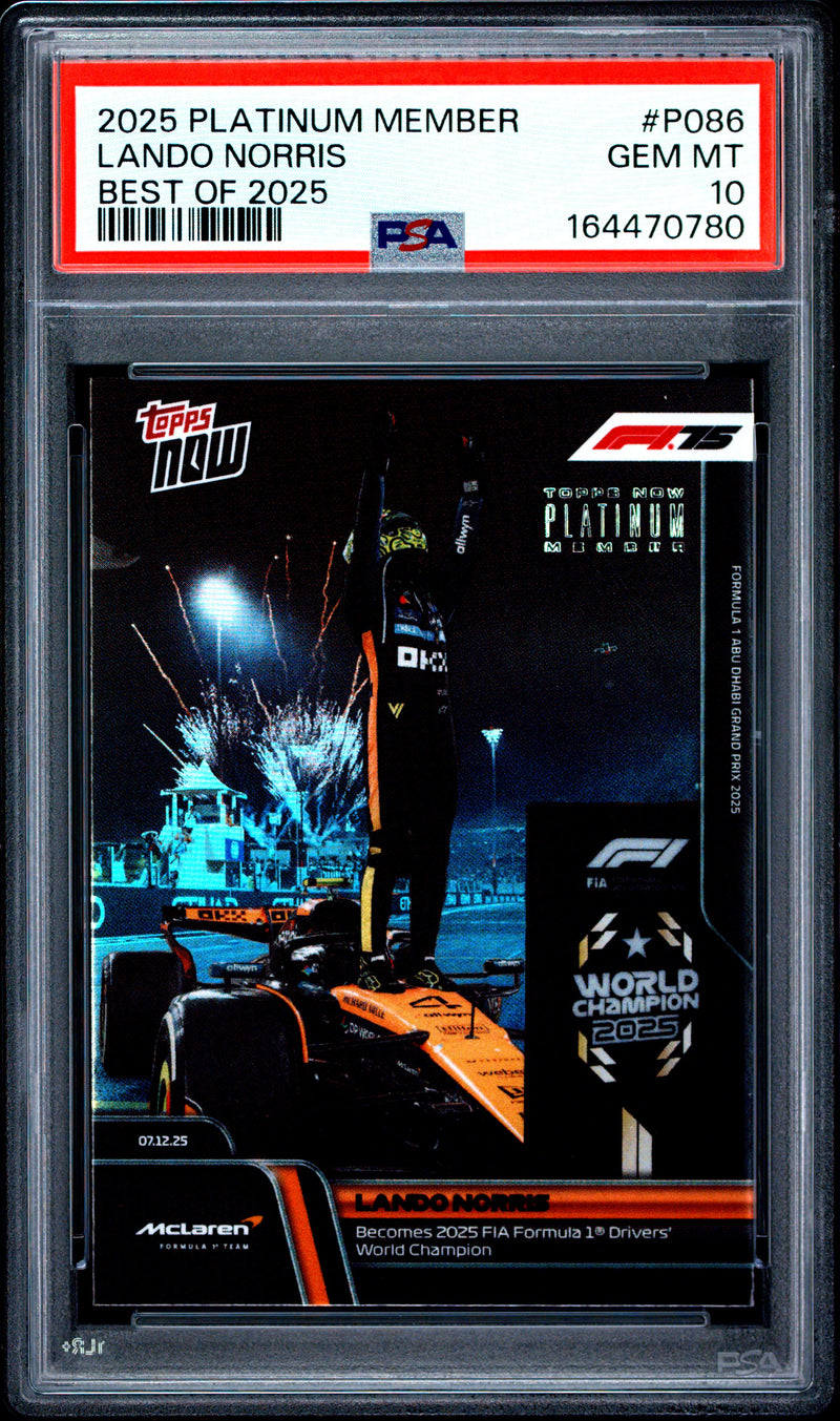 PSA 10 Lando Norris 2025 Topps Now #P086 Platinum Member Best Of, Rare F1 Trading Card
