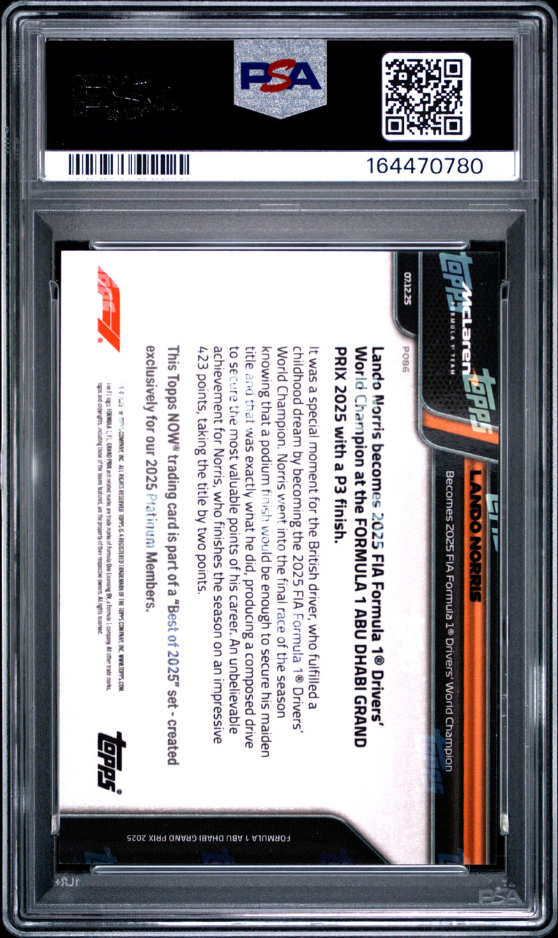 PSA 10 Lando Norris 2025 Topps Now #P086 Platinum Member Best Of, Rare F1 Trading Card