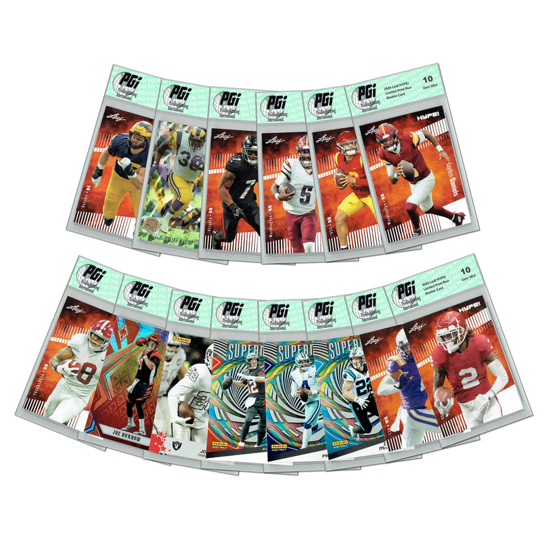 LOADED! PGI 10 Football Collector's Box: 4 Rookie Cards & Rarities - Jayden Daniels, Josh Allen, Joe Burrow, Randy Moss, & More