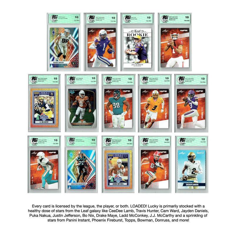 PGI 10 LOADED! Lucky Football Collector's Box: 4 Rookie & Star Cards - Joe Burrow, Jayden Daniels, Josh Allen, Travis Hunter and more
