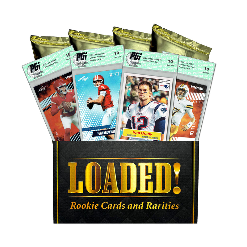 LOADED! PGI 10 Football Collector's Box: 4 Rookie Cards & Rarities - Jayden Daniels, Josh Allen, Joe Burrow, Randy Moss, & More