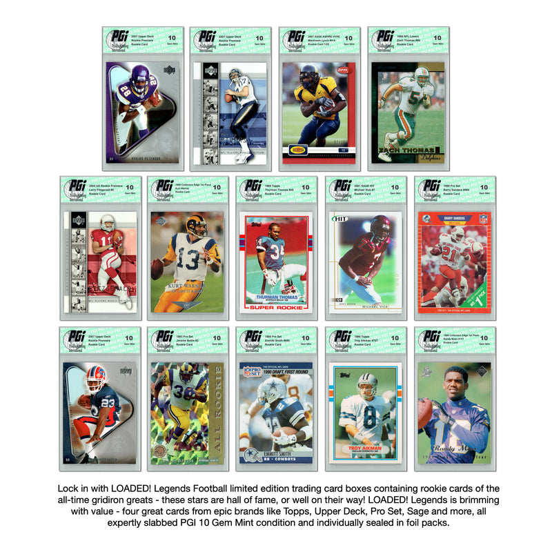 LOADED! Legends PGI 10 Football Collector's Box: 4 Rookie Cards - Randy Moss, Kurt Warner and more