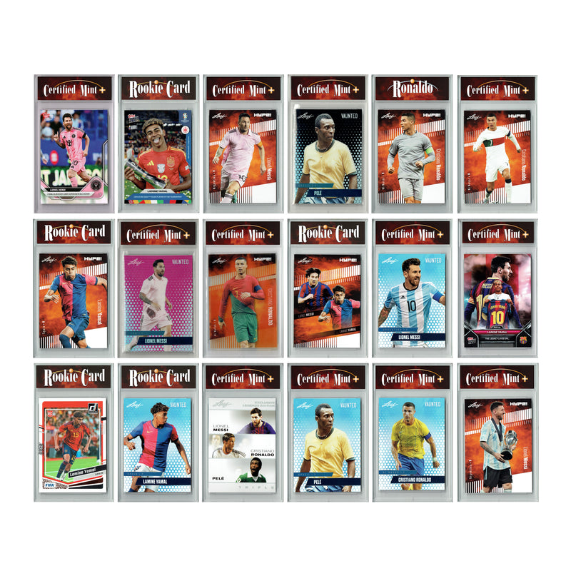 LOADED! Lock Soccer Collector's Box: 4 Certified Mint+ Rookie Cards - Lionel Messi, Cristiano Ronaldo, Lamine Yamal, Pele