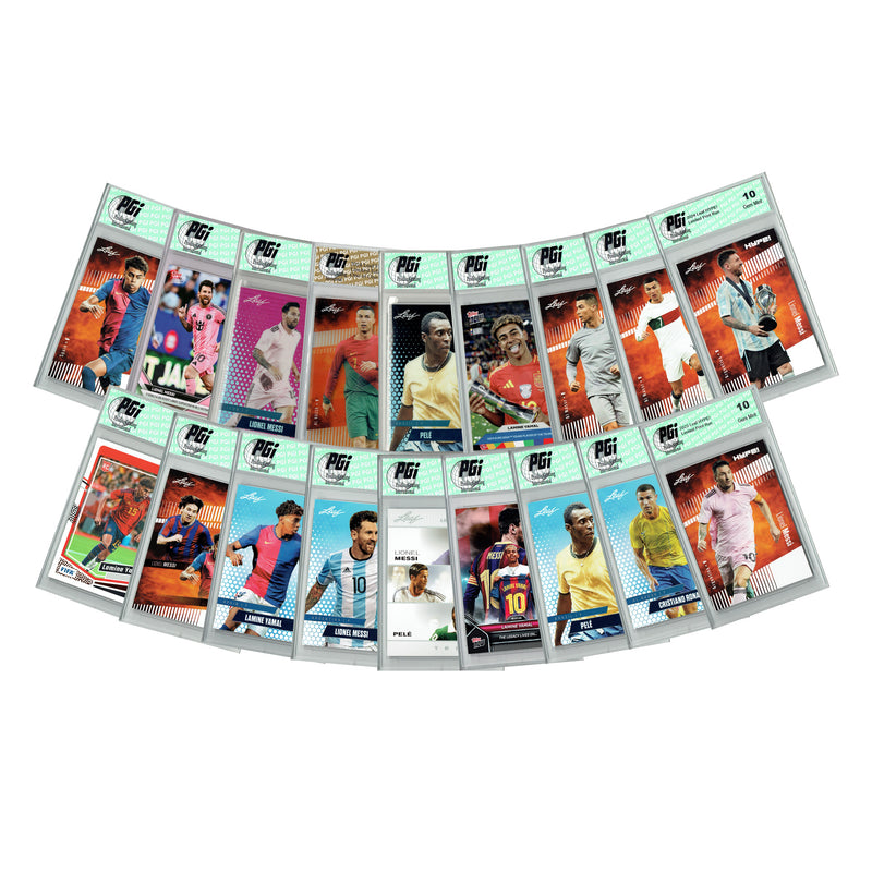 LOADED! Lock Soccer Collector's Box: 4 PGI 10 Rookie Cards - Lionel Messi, Cristiano Ronaldo, Lamine Yamal, Pele