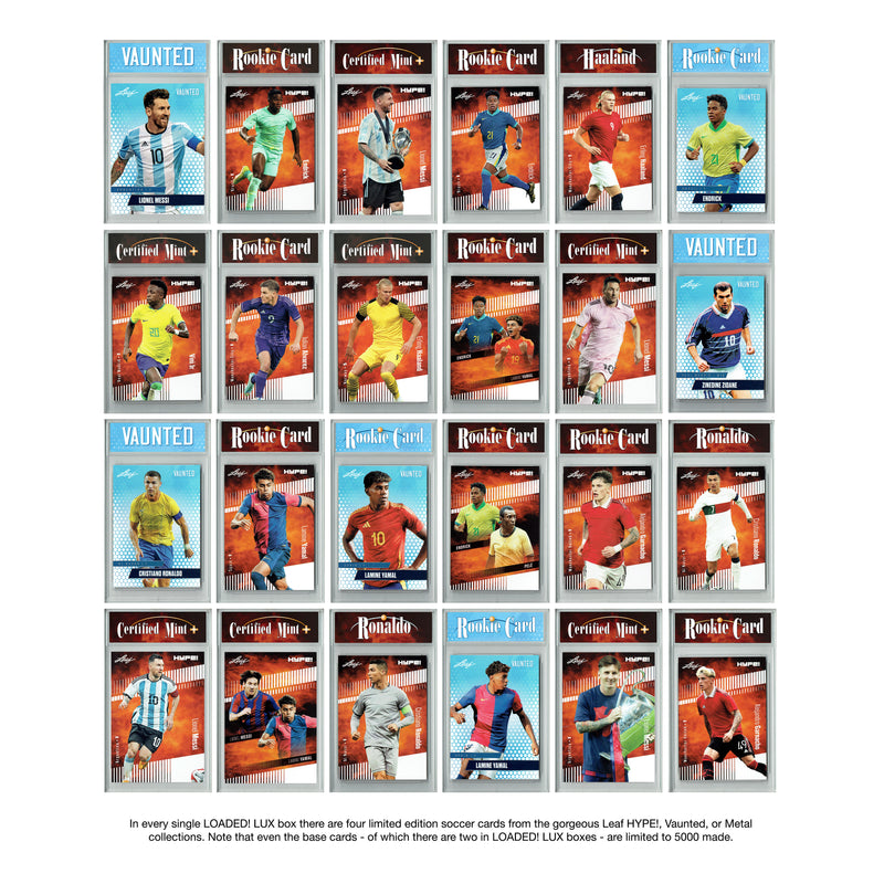 LOADED! LUX Soccer Limited Edition Collector's Box: 4 Certified Mint+ Leaf Rookie Cards & Rarities - Lamine Yamal, Lionel Messi, Pele, Cristiano Ronaldo and more