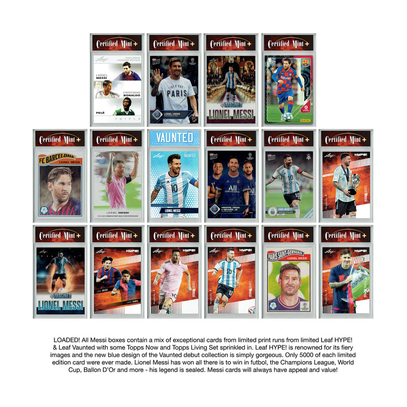 LOADED! All Lionel Messi Soccer Collector's Box: 4 Certified Mint+ Special Edition Cards - Leaf HYPE! & Vaunted Only 5000 Made - Inter Miami, Barcelona, PSG, Argentina