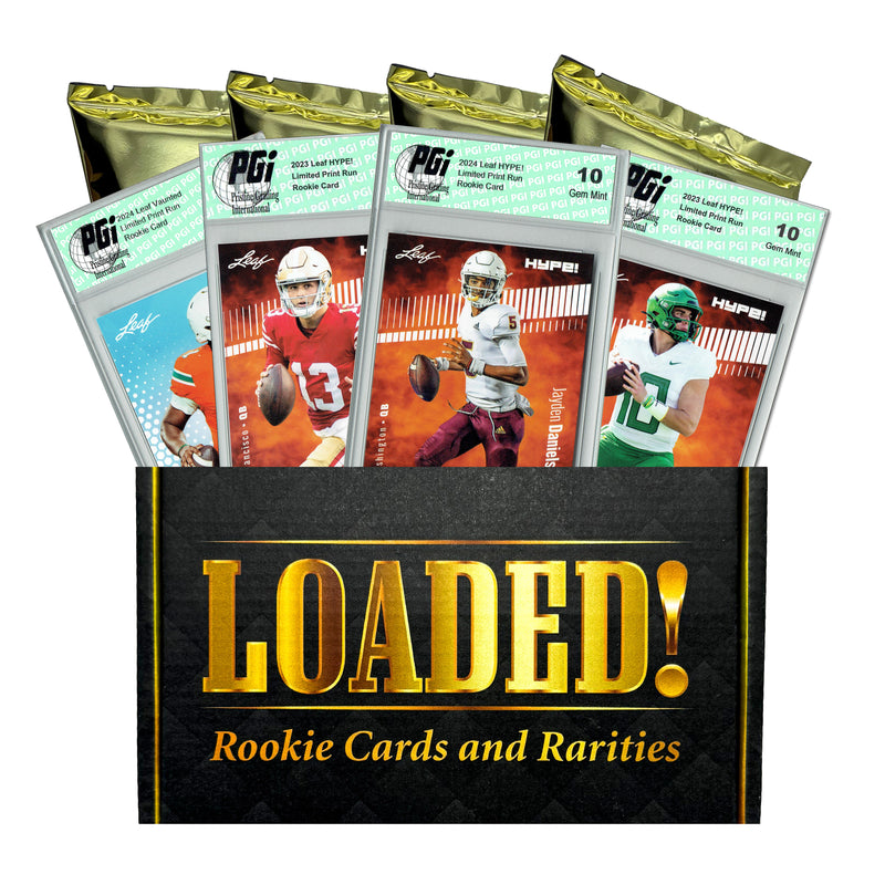 LOADED! PGI 10 Football Collector's Box: 4 Rookie Cards & Rarities - Jayden Daniels, Josh Allen, Joe Burrow, Randy Moss, & More