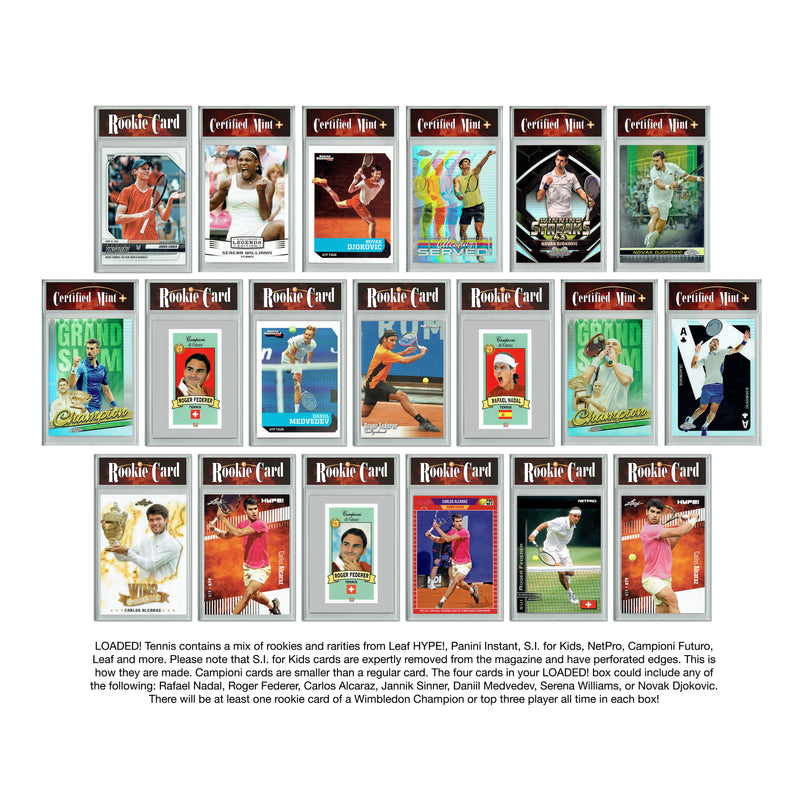 LOADED! Pro Tennis Collector's Box: 4 Certified Mint+ Rookie Cards - Carlos Alcaraz, Jannik Sinner, Novak Djokovic, Serena Williams, Roger Federer, Rafael Nadal