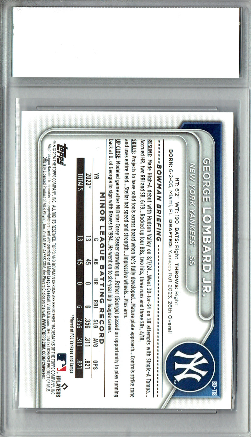 George Lombard Jr. Rookie Card 2024 Bowman #BD-118 PRISTINE, PGI 10, New York Yankees Baseball