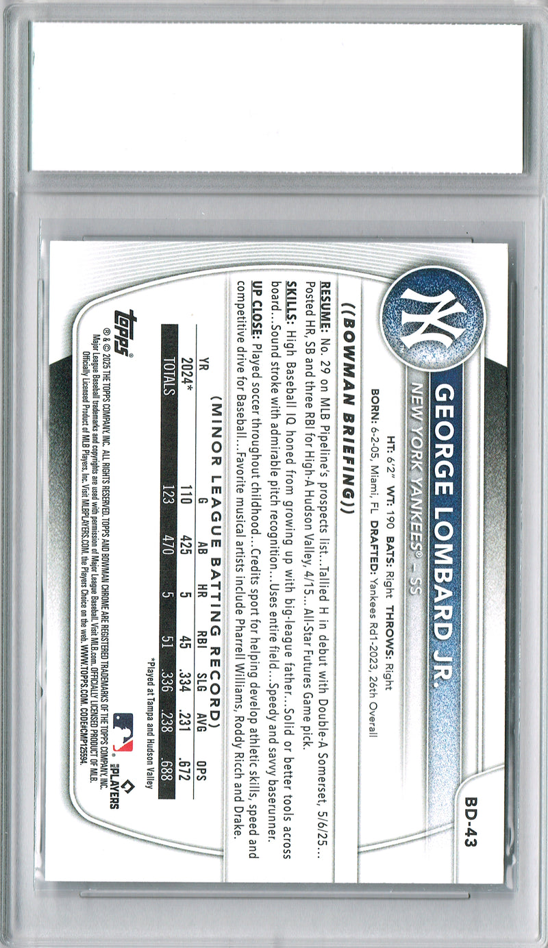 George Lombard Jr. Rookie Card 2025 Bowman Draft #BD-43 PRISTINE, PGI 10, New York Yankees Baseball