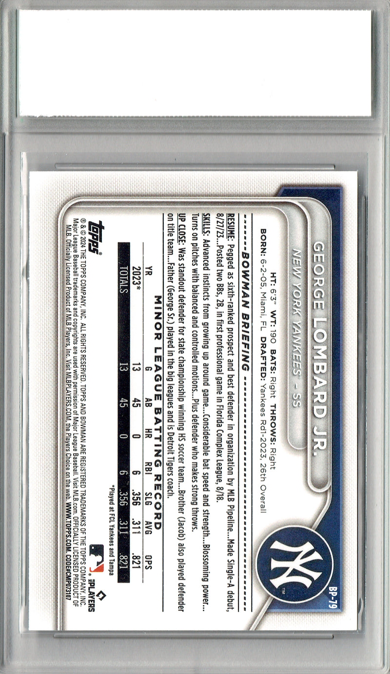 George Lombard Jr. Rookie Card 2024 Bowman #BP-79 PRISTINE, PGI 10, New York Yankees Baseball