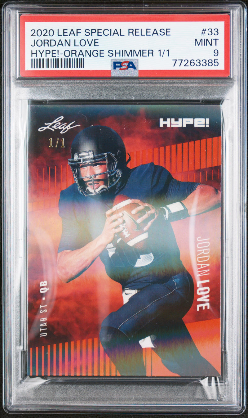 Jordan Love Rookie Card Green Bay PSA MINT 9 (Mint) Football Trading Card 2020 Leaf Hype #33 Orange Shimmer #1/1