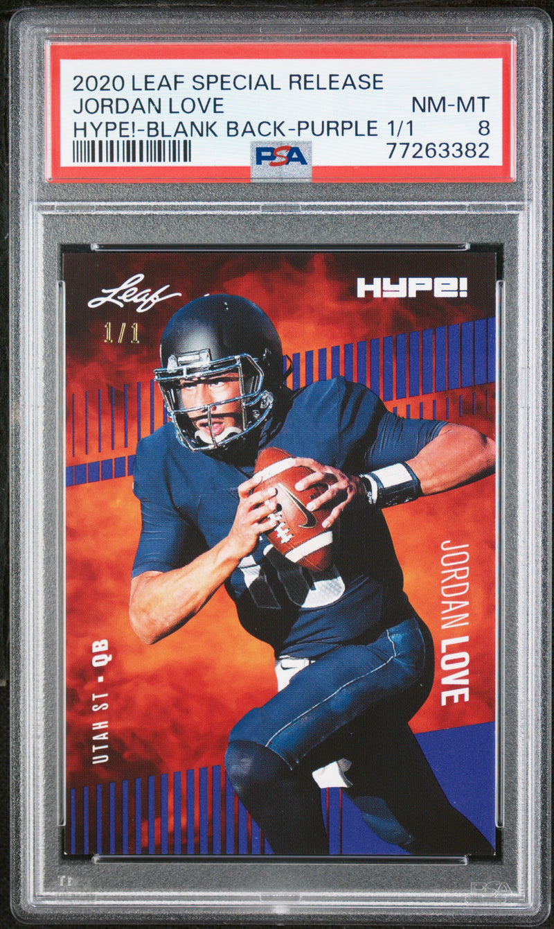 Jordan Love Rookie Card Green Bay PSA NM-MT 8 (Near Mint-Mint) Football Trading Card 2020 Leaf Hype #33 Purple Blank Back #1/1