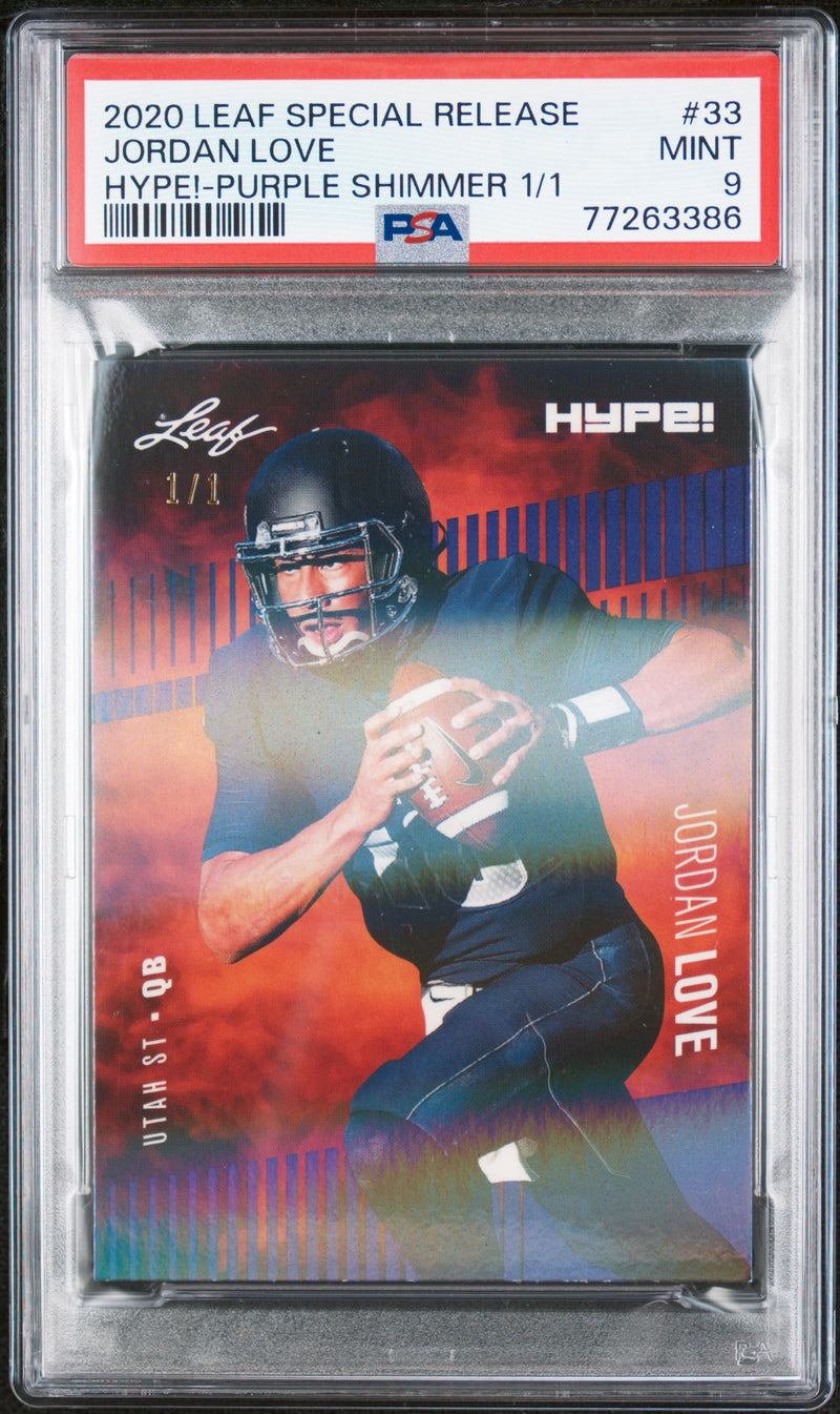 Jordan Love Rookie Card Green Bay PSA MINT 9 (Mint) Football Trading Card 2020 Leaf Hype #33 Purple Shimmer #1/1