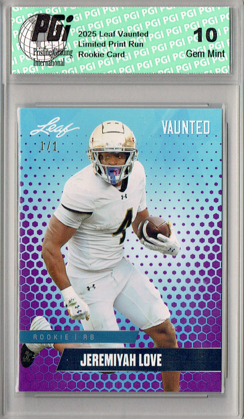Jeremiyah Love Rookie Card Notre Dame / Arizona PGI 10 Football Trading Card 2025 Leaf Vaunted #V-09 Purple Blank Back 1/1