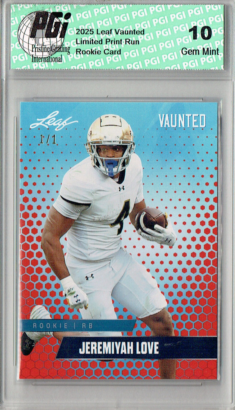 Jeremiyah Love Rookie Card Notre Dame / Arizona PGI 10 Football Trading Card 2025 Leaf Vaunted #V-09 Red Blank Back 1/1