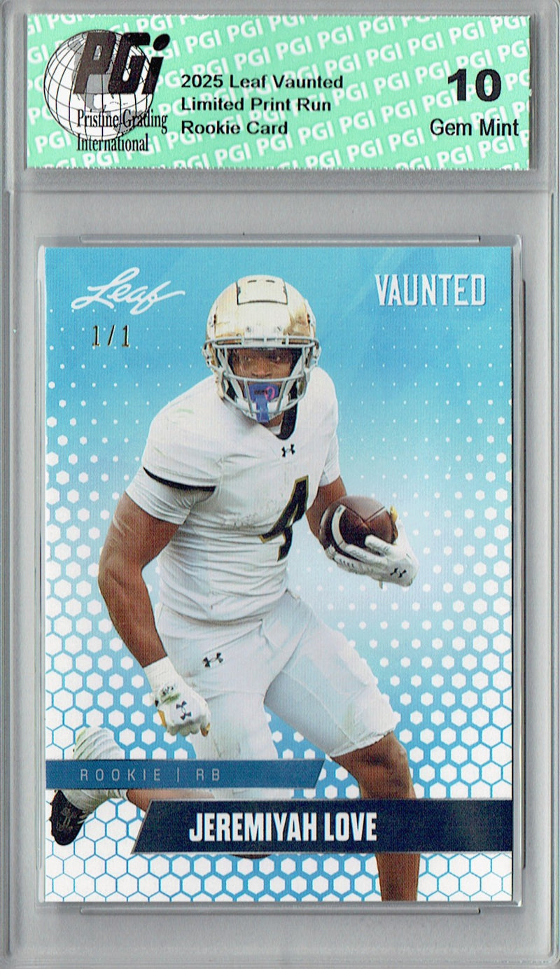 Jeremiyah Love Rookie Card Notre Dame / Arizona PGI 10 Football Trading Card 2025 Leaf Vaunted #V-09 White Blank Back 1/1