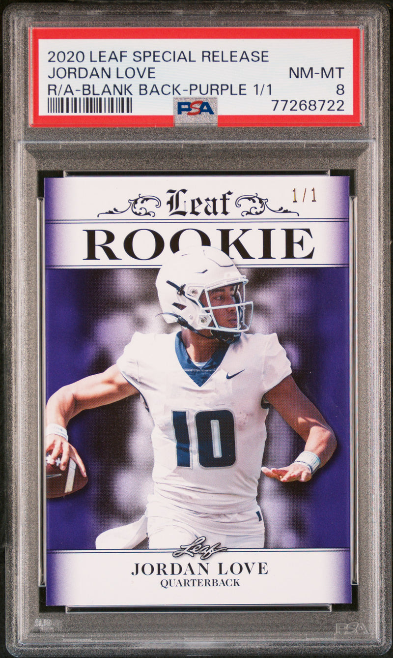 Jordan Love Rookie Card Green Bay PSA NM-MT 8 (Near Mint-Mint) Football Trading Card 2020 Leaf Exclusive #3 Blank Back-Purple 1/1