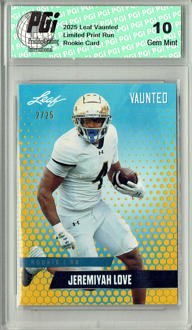 Jeremiyah Love Rookie Card Notre Dame / Arizona PGI 10 Football Trading Card 2025 Leaf Vaunted #V-09 Gold 25 Made