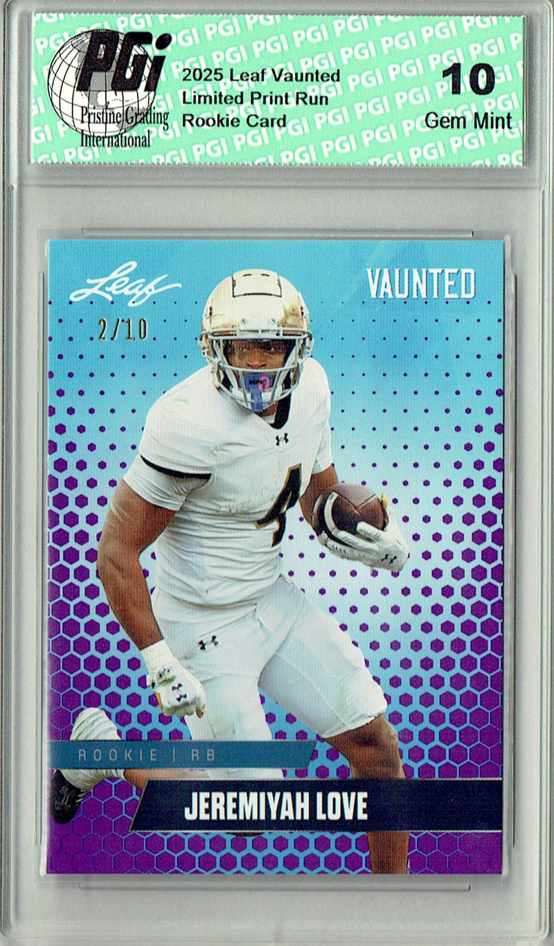 Jeremiyah Love Rookie Card Notre Dame / Arizona PGI 10 Football Trading Card 2025 Leaf Vaunted #V-09 Purple 10 Made