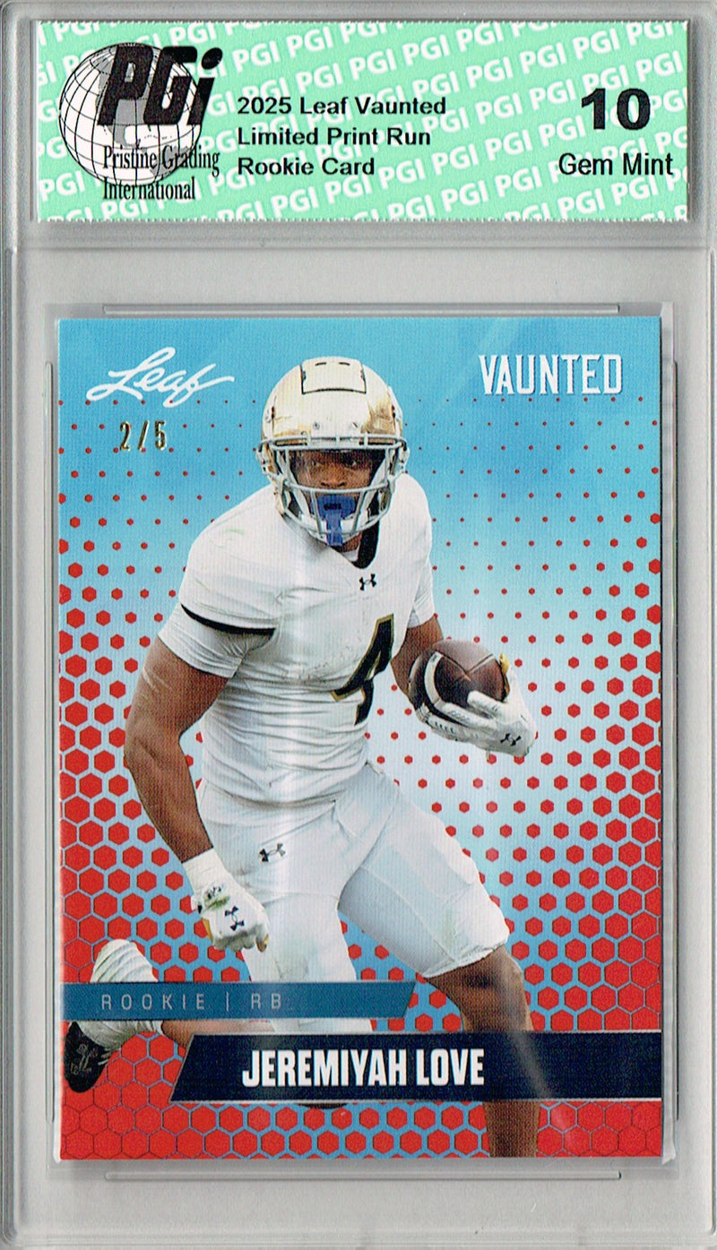Jeremiyah Love Rookie Card Notre Dame / Arizona PGI 10 Football Trading Card 2025 Leaf Vaunted #V-09 Red 5 Made